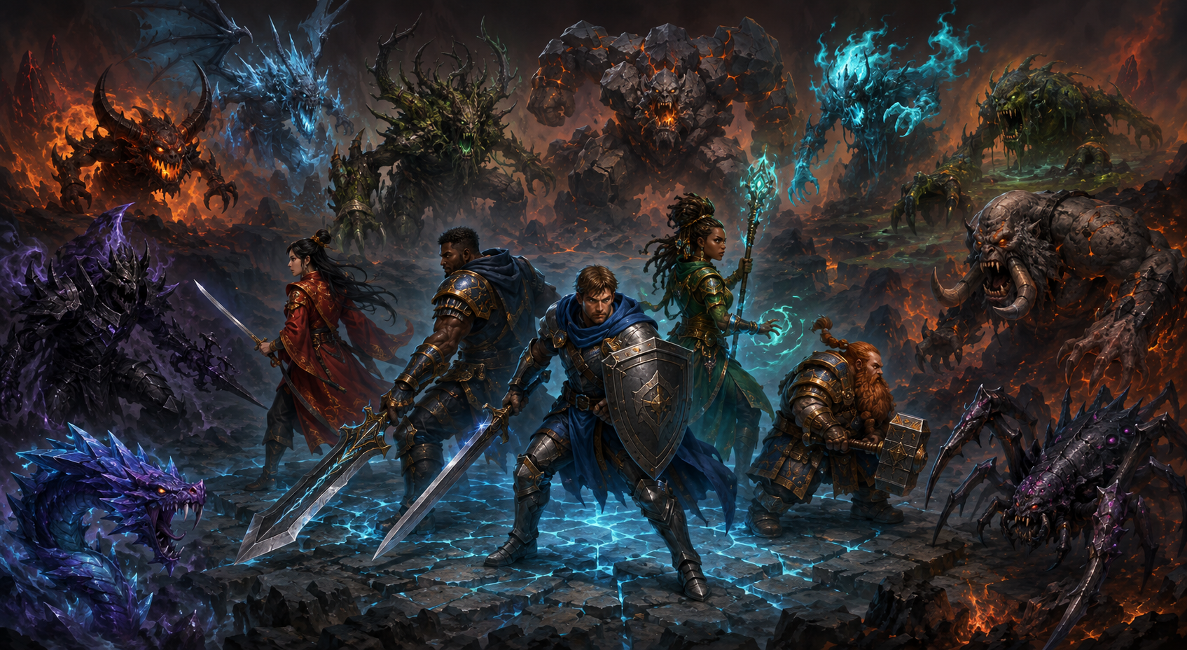 Five clearly visible Fink Journey heroes: a Chinese swordswoman, two Black heroes, a blue-cloaked guardian, and a dwarf, standing together against ten monsters