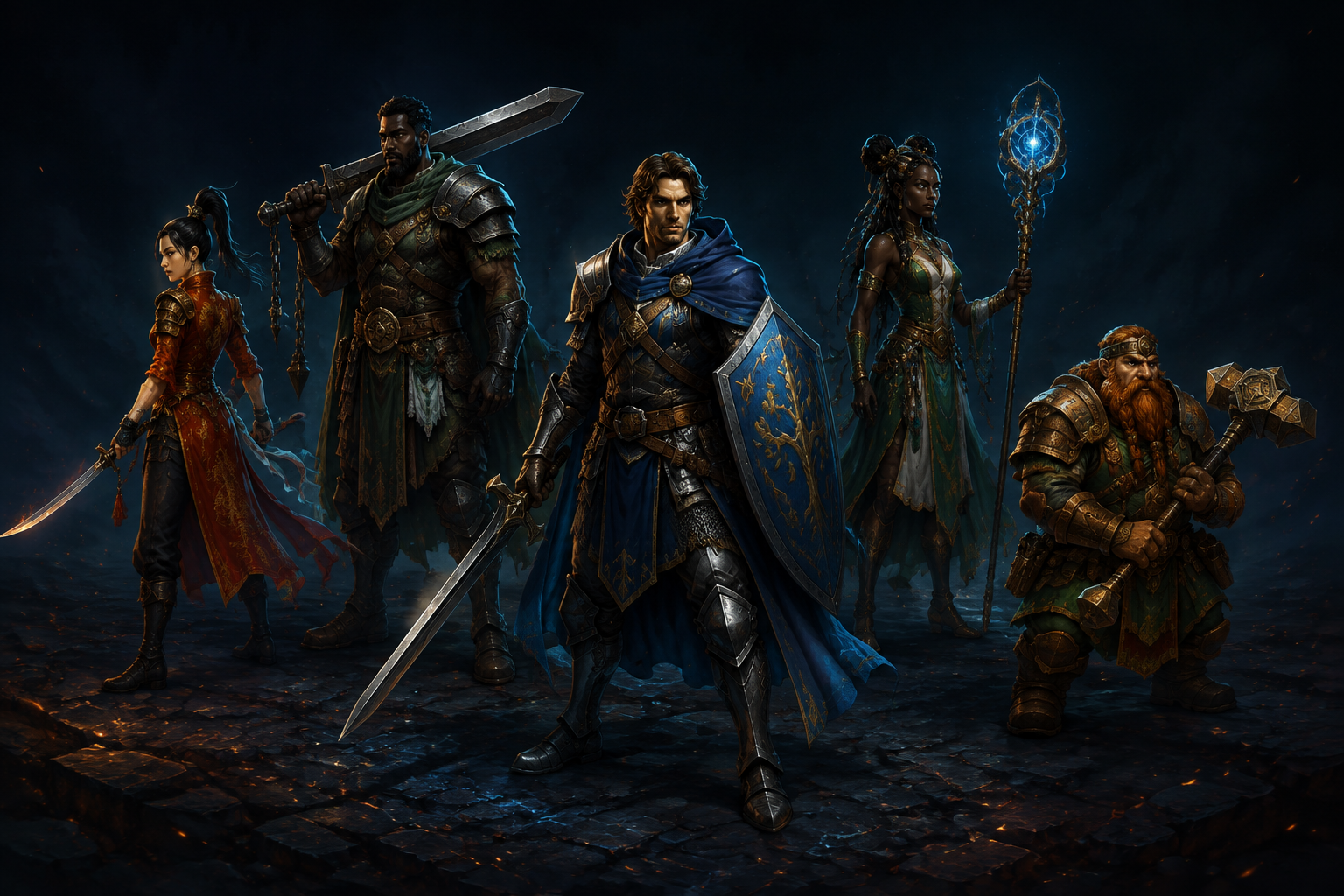Five separately standing Fink Journey heroes: Chinese female swordswoman, Black male warrior, blue-cloaked guardian, Black female staff hero, and dwarf