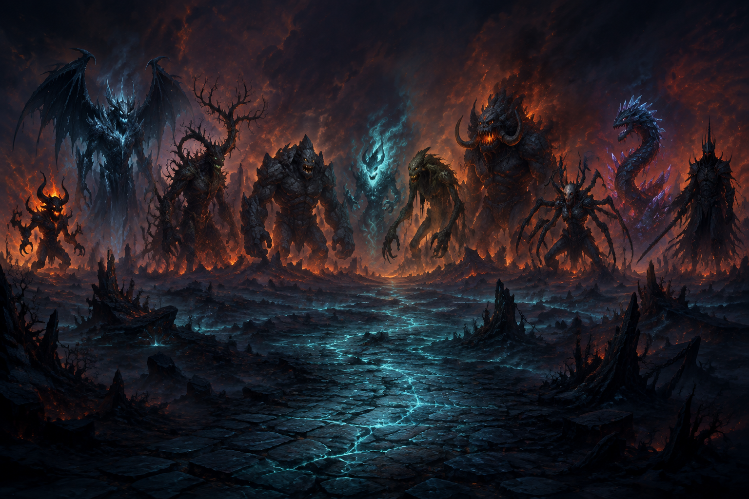 Ten distinct fanged Fink Journey monsters gathered behind a glowing road