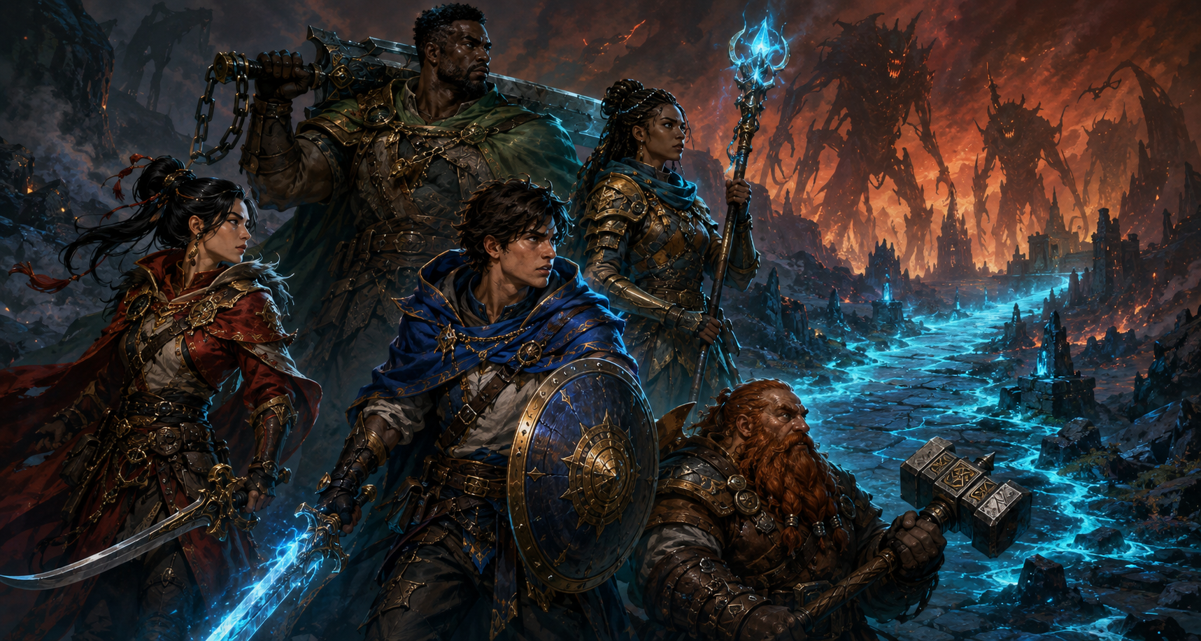 A diverse Fink Journey party facing shadowy fanged monsters: a Black male warrior, Black female mage, Chinese female swordswoman, blue-cloaked guardian, and dwarf hero